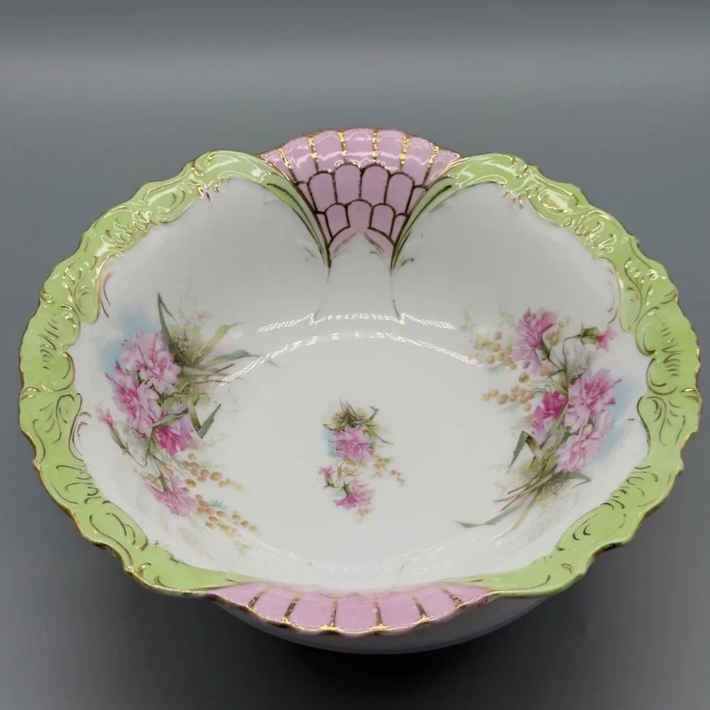 Antique Hand Painted Porcelain 10” Serving Bowl Pink Green Gilt Floral